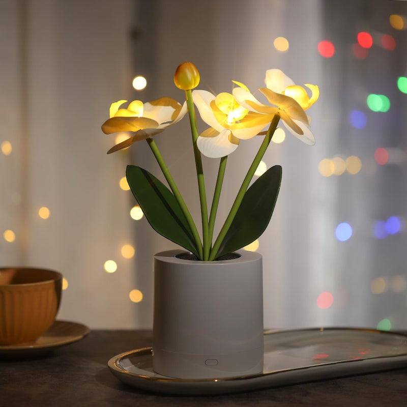 WSYEAR Valentines Day Flower Lamp Gifts for Her Women Wife Artificial Orchid Flower 3 Branches in White Pot  Realistic Fake Butterfly Orchid Bonsai for Bathroom Living Room Decor - Image 1