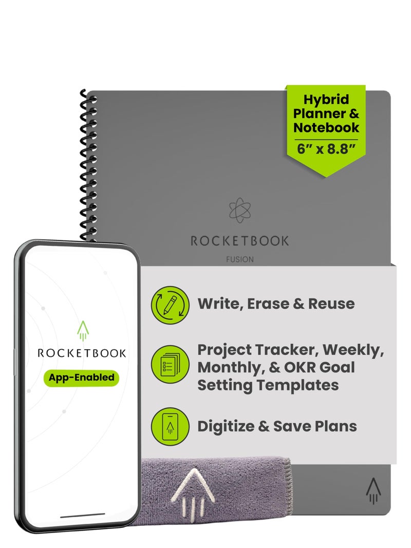 Rocketbook Fusion Hybrid Reusable Planner and Notebook in One, Additional Blank Pages, Goal and Project Tracker, Undated Planner, Executive Size 6x8.8, Grey (Pack of 1) - Image 1