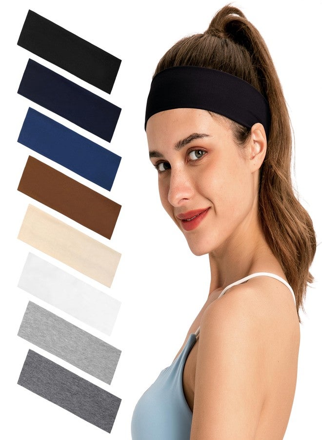 HiRui Headbands for Women 8-Pack Vibrant Yoga & Sports Sweat Headbands - Cotton Stretchy Non-Slip Hair Bands (Black,Navy Blue,Blue,Brown,Khaki,White,Light Floral Gray,Dark Floral Gray,Set1) - Image 1