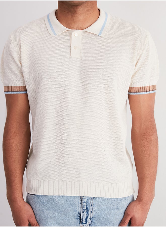 trendyol - Men's Ecru Regular Fit Stripe Detailed Textured Knitwear Polo Collar T-Shirt - Image 1