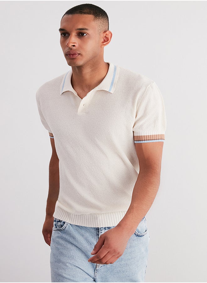 trendyol - Men's Ecru Regular Fit Stripe Detailed Textured Knitwear Polo Collar T-Shirt - Image 1