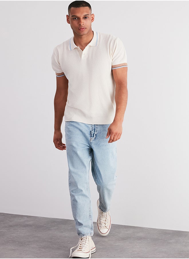 trendyol - Men's Ecru Regular Fit Stripe Detailed Textured Knitwear Polo Collar T-Shirt - Image 1