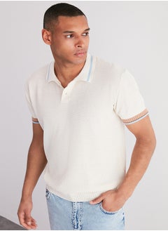Men's Ecru Regular Fit Stripe Detailed Textured Knitwear Polo Collar T-Shirt