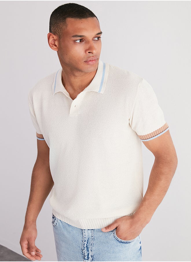 trendyol - Men's Ecru Regular Fit Stripe Detailed Textured Knitwear Polo Collar T-Shirt - Image 1