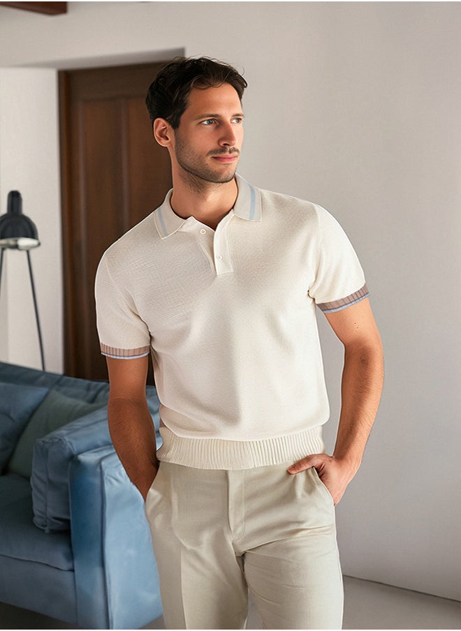 trendyol - Men's Ecru Regular Fit Stripe Detailed Textured Knitwear Polo Collar T-Shirt - Image 1