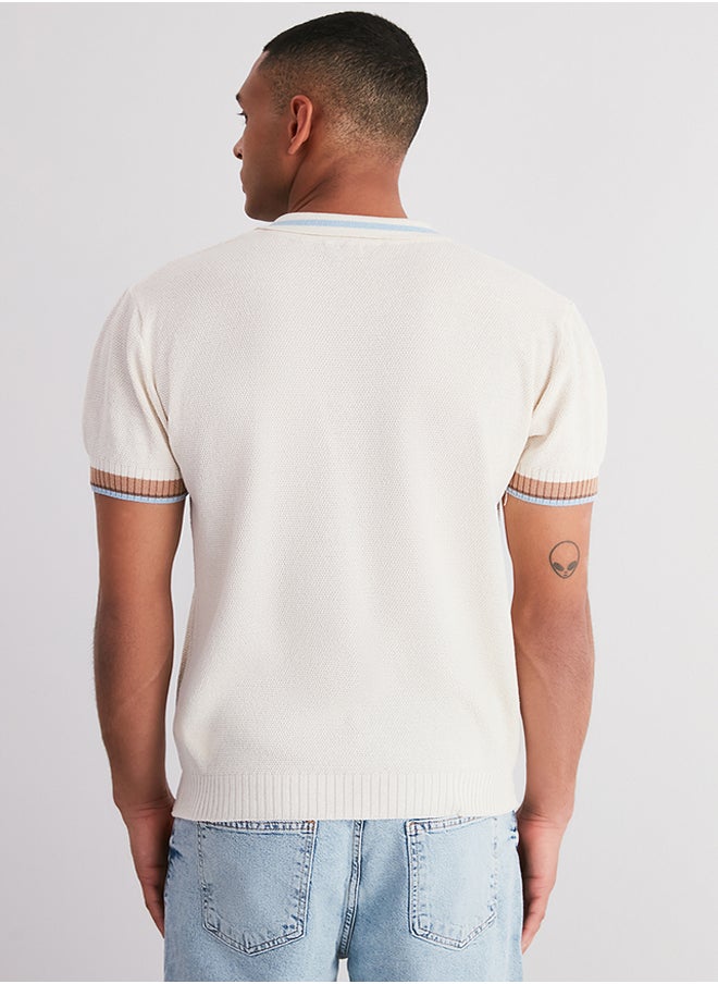 trendyol - Men's Ecru Regular Fit Stripe Detailed Textured Knitwear Polo Collar T-Shirt - Image 1