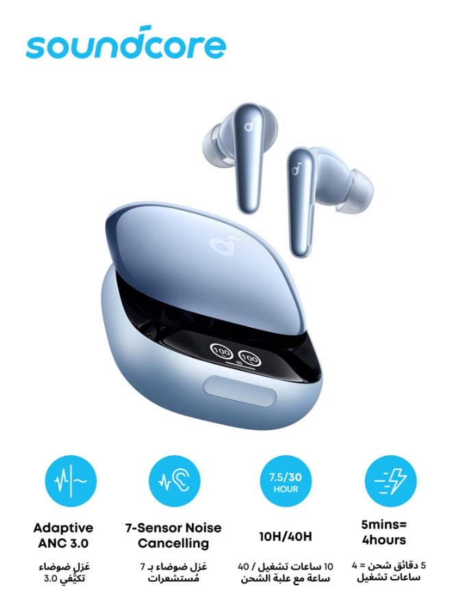 Soundcore Liberty 4 Pro by Anker, Noise Cancelling Wireless Earbuds, 7-Sensor and Real-Time Adaptive Noise Cancelling, 2× Faster Charging, Studio-Level Hi-Fi Music, Clear Calls with 9 Mics and AI Glossy Light Blue - Image 1
