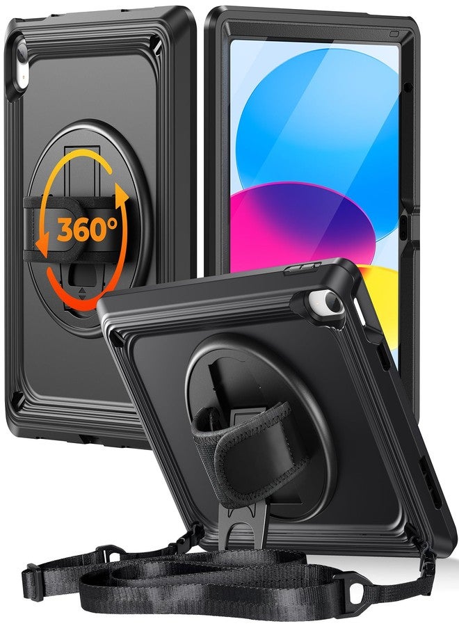 TSQQST iPad 10th Generation Case 2022 10.9 Inch with Screen Protector for Kids | iPad 10 Case with 360 Rotating Stand + Hand Shoulder Strap | Heavy Duty Rugged Silicone Case for iPad 10th Gen | Black - Image 1