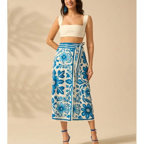 Sujama Women’s Floral Print Wrap Skirts Boho Tie Knot Skirt High Waist Causal Cute Flower Graphic Long Skirts Beachwear 2025 Blue - Image 5