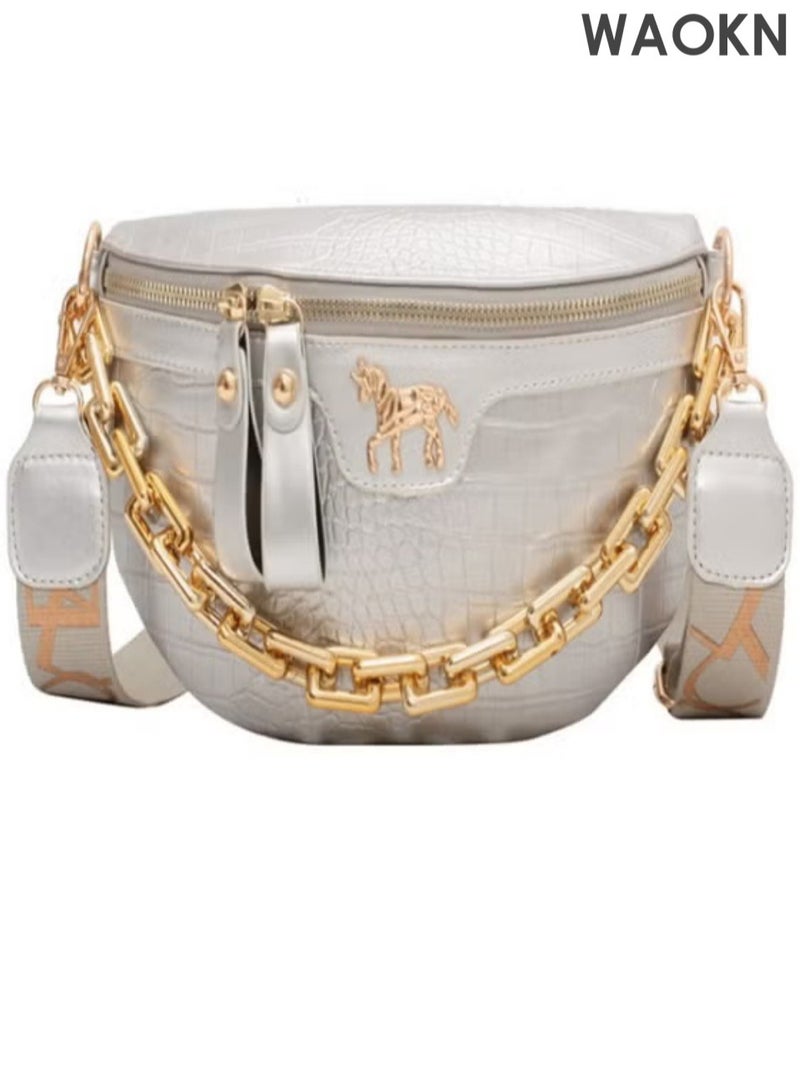 WAOKN Thick Chain Women's Fanny Pack Plaid leather Waist Bag Shoulder Crossbody Chest Bags Luxury Designer Handbags Female Belt Bag,Women's PU Leather Shoulder Bag Hand Bags Sling bag, Crocodile Leather Textured Mobile Phone Bag Coin Purse Carrying Bag Side Bag,Thick Chain Women's Waist Bag Fanny Pack Fashion Shoulder Crossbody Chest Bags Female Belt Bag Crocodile Shoulder Bag ﻿  - Image 1