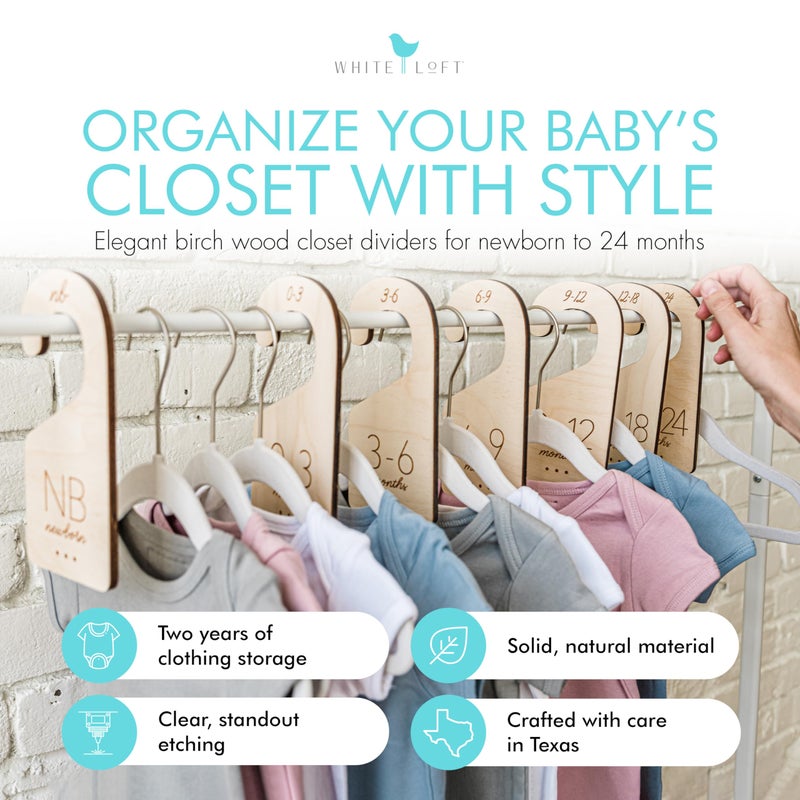 White Loft Baby Clothes Dividers for Closet - Wood Size Dividers for Newborn to 24 Months, Nursery Organizer, Large 1in Letter Size (Set of 7) - Image 2