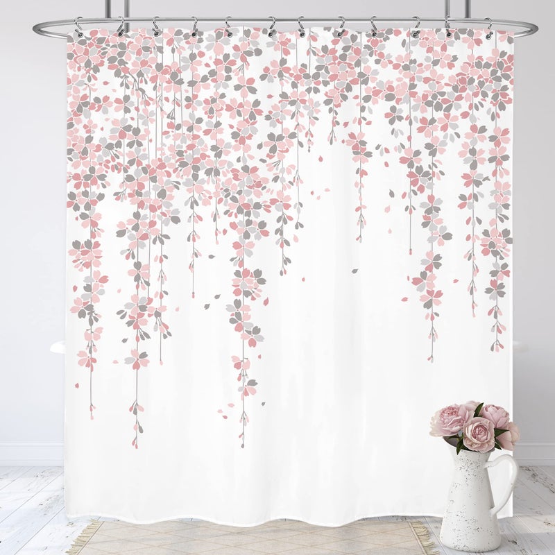 LIGHTINHOME Grey Pink Floral Shower Curtain 72Wx72H Inches Dusty Rose Cherry Blossom Blooming Weeping Flowers Spring Bathroom Home Decor Cloth Fabric Waterproof Polyester Bathroom Set with Hooks - Image 1