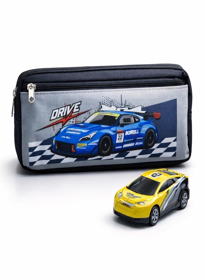 Skoolster Racing Car Pencil Pouch with Free Pull-Back Car Toy | Large Capacity Zipper Pencil Case for Kids | Multi-Compartment Stationery Organizer | Perfect for School & Return Gifts (Black) - Image 1