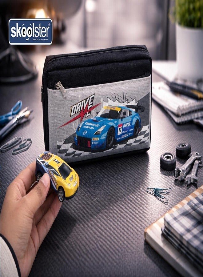 Skoolster Racing Car Pencil Pouch with Free Pull-Back Car Toy | Large Capacity Zipper Pencil Case for Kids | Multi-Compartment Stationery Organizer | Perfect for School & Return Gifts (Black) - Image 4
