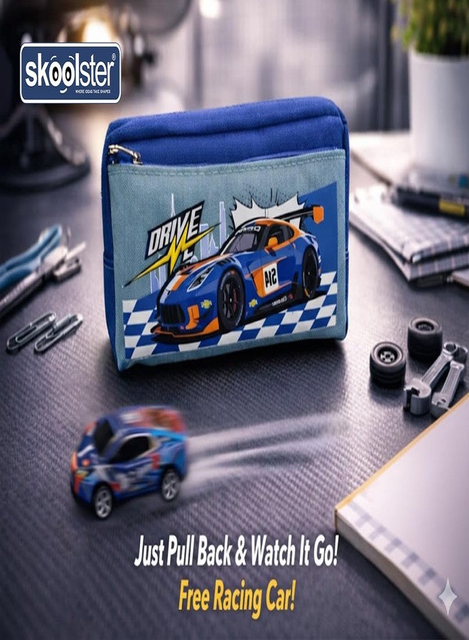Skoolster Racing Car Pencil Pouch with Free Pull-Back Car Toy | Large Capacity Zipper Pencil Case for Kids | Multi-Compartment Stationery Organizer | Perfect for School & Return Gifts (Black) - Image 2