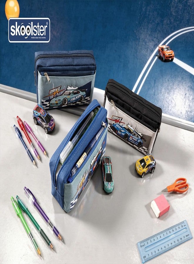 Skoolster Racing Car Pencil Pouch with Free Pull-Back Car Toy | Large Capacity Zipper Pencil Case for Kids | Multi-Compartment Stationery Organizer | Perfect for School & Return Gifts (Black) - Image 3