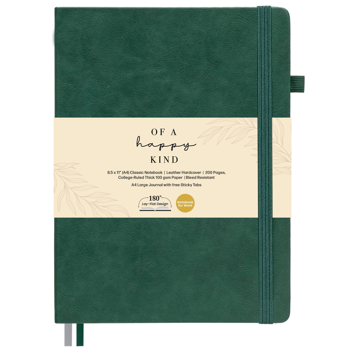 Of a Happy Kind Classic Lined Journal Notebook 8.5x11" A4 Hardcover Leather - Green - 200 Pages College Ruled Large with Sticky Tabs, Pockets, and Pen Loop for Writing and Journaling - Big Hardback Me
