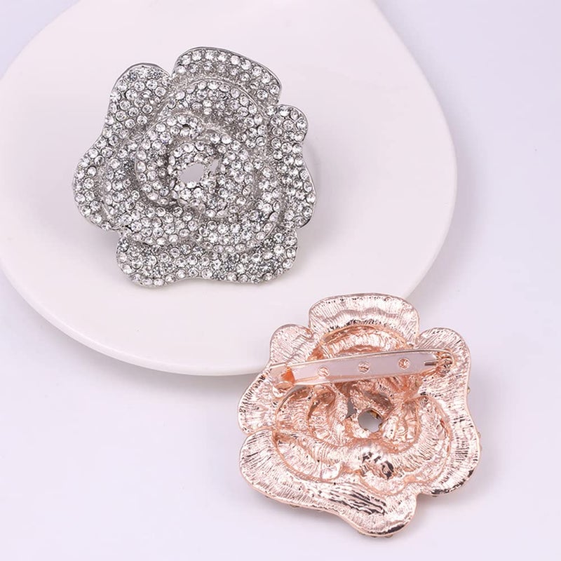 Dtja Rhinestone Rose Brooch Pin for Women Girls Fashion Crystal Big Blossom Flower Brooch Lapel Pins Elegant Dress Accessories Jewelry Boutonniere Corsage for Hat Bag Suit Tie Gift Wedding Holiday (Silver) - Image 4