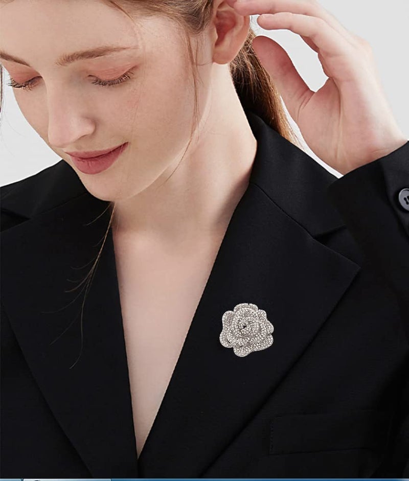 Dtja Rhinestone Rose Brooch Pin for Women Girls Fashion Crystal Big Blossom Flower Brooch Lapel Pins Elegant Dress Accessories Jewelry Boutonniere Corsage for Hat Bag Suit Tie Gift Wedding Holiday (Silver) - Image 2
