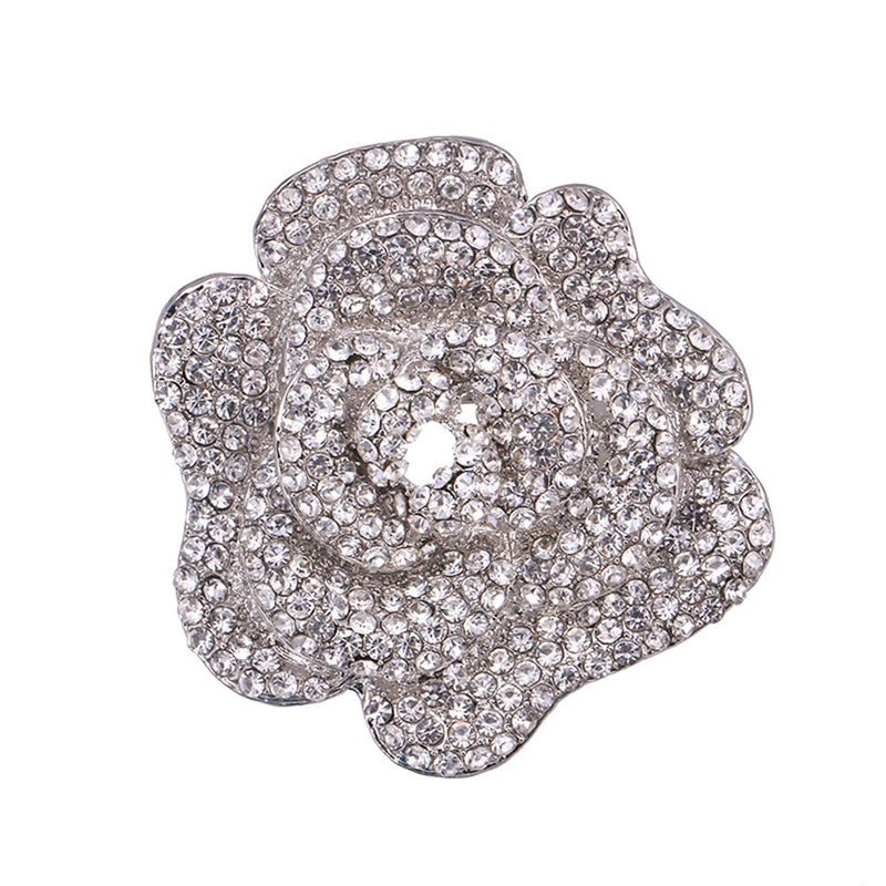 Dtja Rhinestone Rose Brooch Pin for Women Girls Fashion Crystal Big Blossom Flower Brooch Lapel Pins Elegant Dress Accessories Jewelry Boutonniere Corsage for Hat Bag Suit Tie Gift Wedding Holiday (Silver) - Image 1