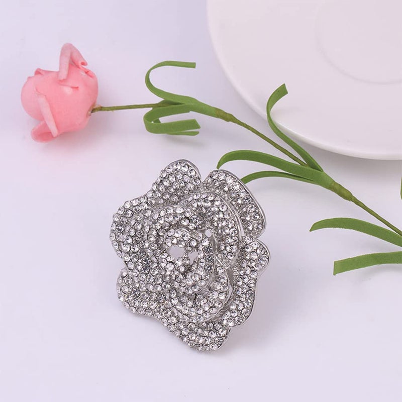 Dtja Rhinestone Rose Brooch Pin for Women Girls Fashion Crystal Big Blossom Flower Brooch Lapel Pins Elegant Dress Accessories Jewelry Boutonniere Corsage for Hat Bag Suit Tie Gift Wedding Holiday (Silver) - Image 5
