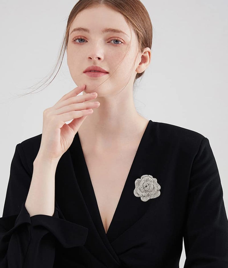 Dtja Rhinestone Rose Brooch Pin for Women Girls Fashion Crystal Big Blossom Flower Brooch Lapel Pins Elegant Dress Accessories Jewelry Boutonniere Corsage for Hat Bag Suit Tie Gift Wedding Holiday (Silver) - Image 3