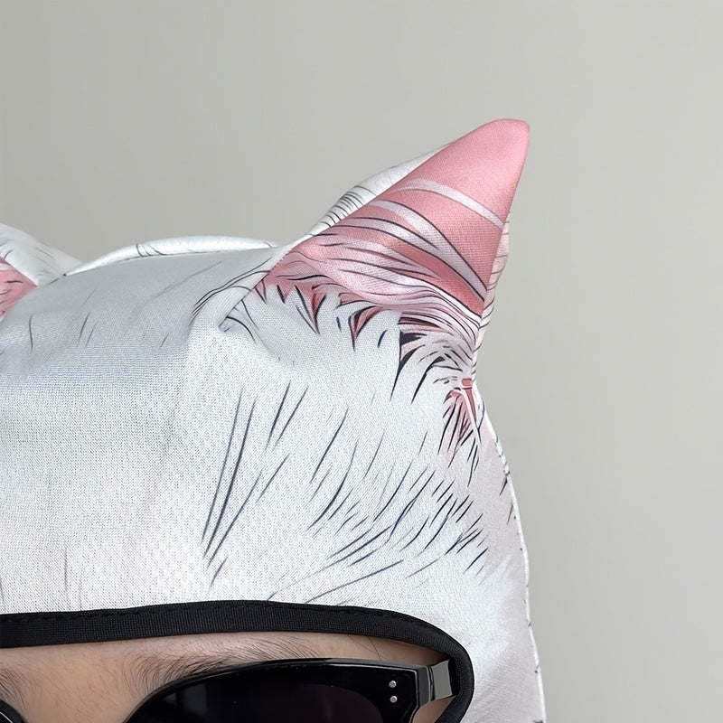 3D Cat Ear Motorcycle Face Mask - Hand-Drawn White Cat Design, Pink Lining, Breathable Stretch Fabric, with Pink Bow - Image 5