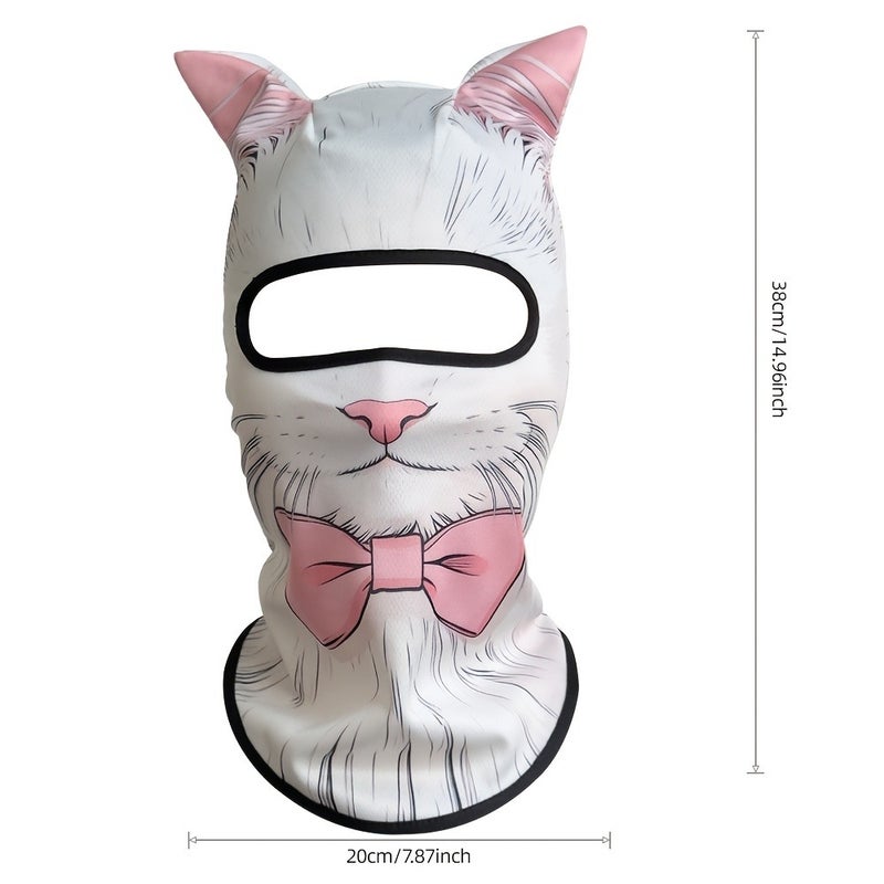 3D Cat Ear Motorcycle Face Mask - Hand-Drawn White Cat Design, Pink Lining, Breathable Stretch Fabric, with Pink Bow - Image 2