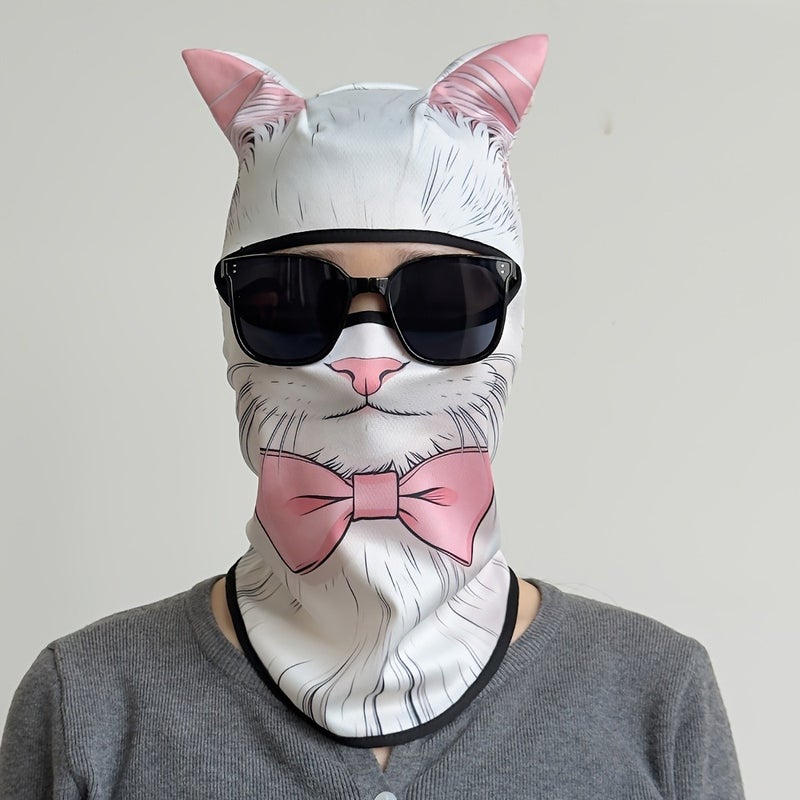 3D Cat Ear Motorcycle Face Mask - Hand-Drawn White Cat Design, Pink Lining, Breathable Stretch Fabric, with Pink Bow - Image 3
