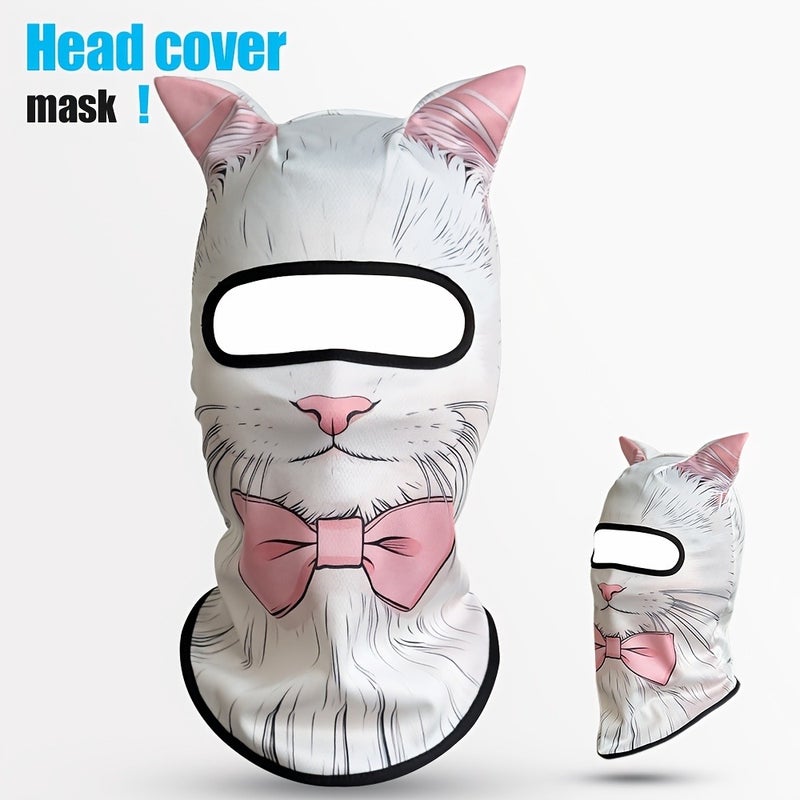 3D Cat Ear Motorcycle Face Mask - Hand-Drawn White Cat Design, Pink Lining, Breathable Stretch Fabric, with Pink Bow - Image 1