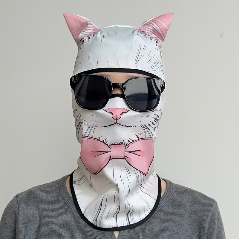 3D Cat Ear Motorcycle Face Mask - Hand-Drawn White Cat Design, Pink Lining, Breathable Stretch Fabric, with Pink Bow - Image 4
