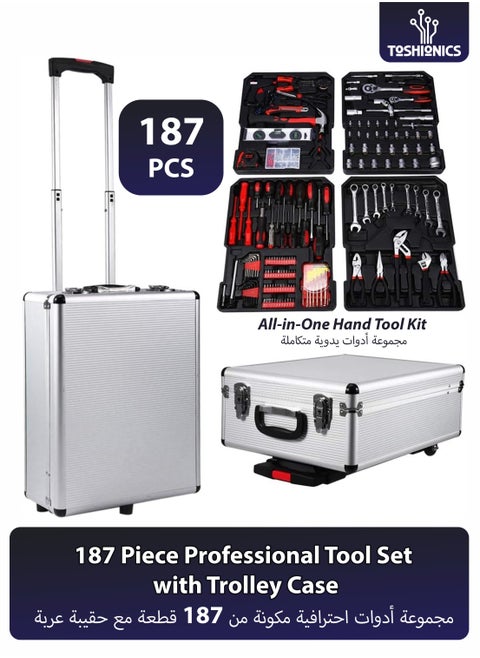 187 Pieces Hand Tool Set with Trolley Wheel Case  Professional Automobile Tools for Repairs and Workshops Handymen Mechanics Construction Workers and Home Use Socket Spanner Ratchet Torque Wrench Tools Kit
