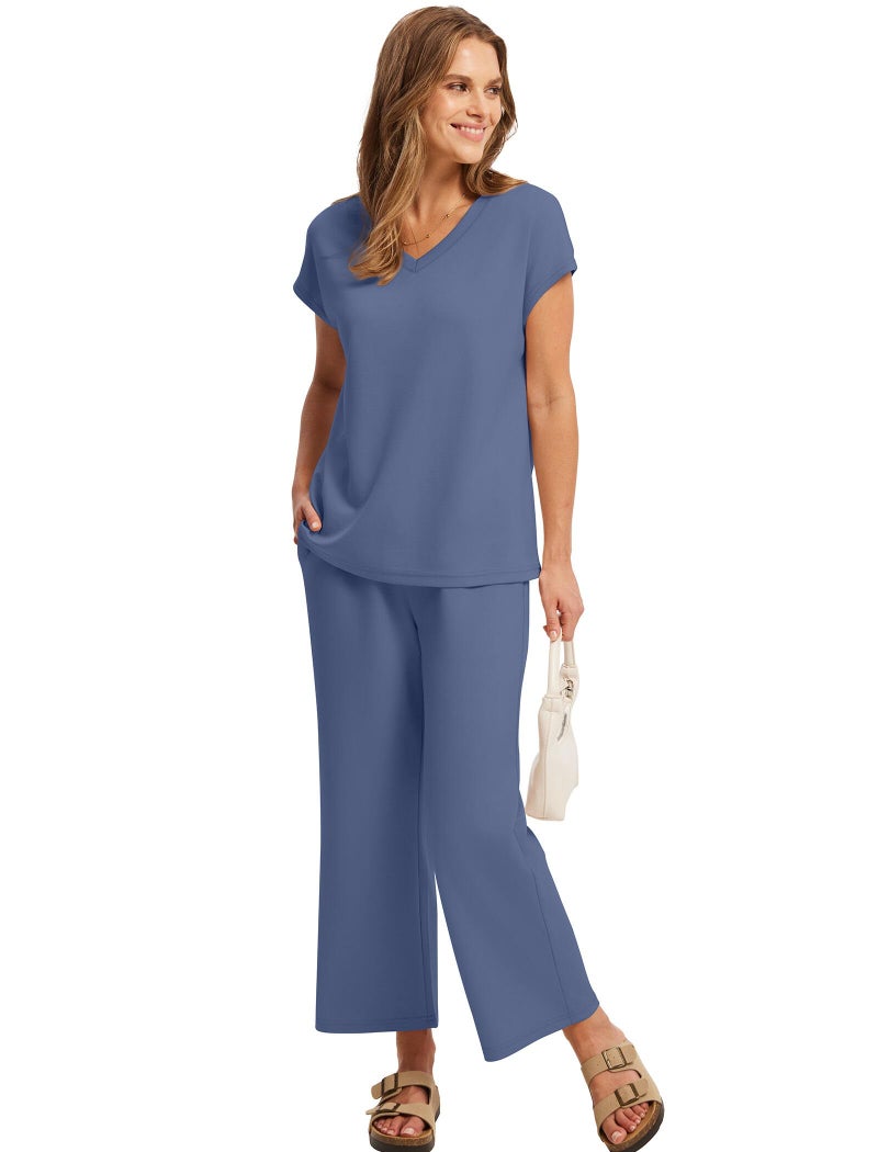 Saloogoe Women's 2 Piece Set Casual Summer V Neck T Shirts Wide Leg Pants Sets Matching Sets Women Clothing Lounge Sweat Set Travel Airport Outfits Blue L - Image 4