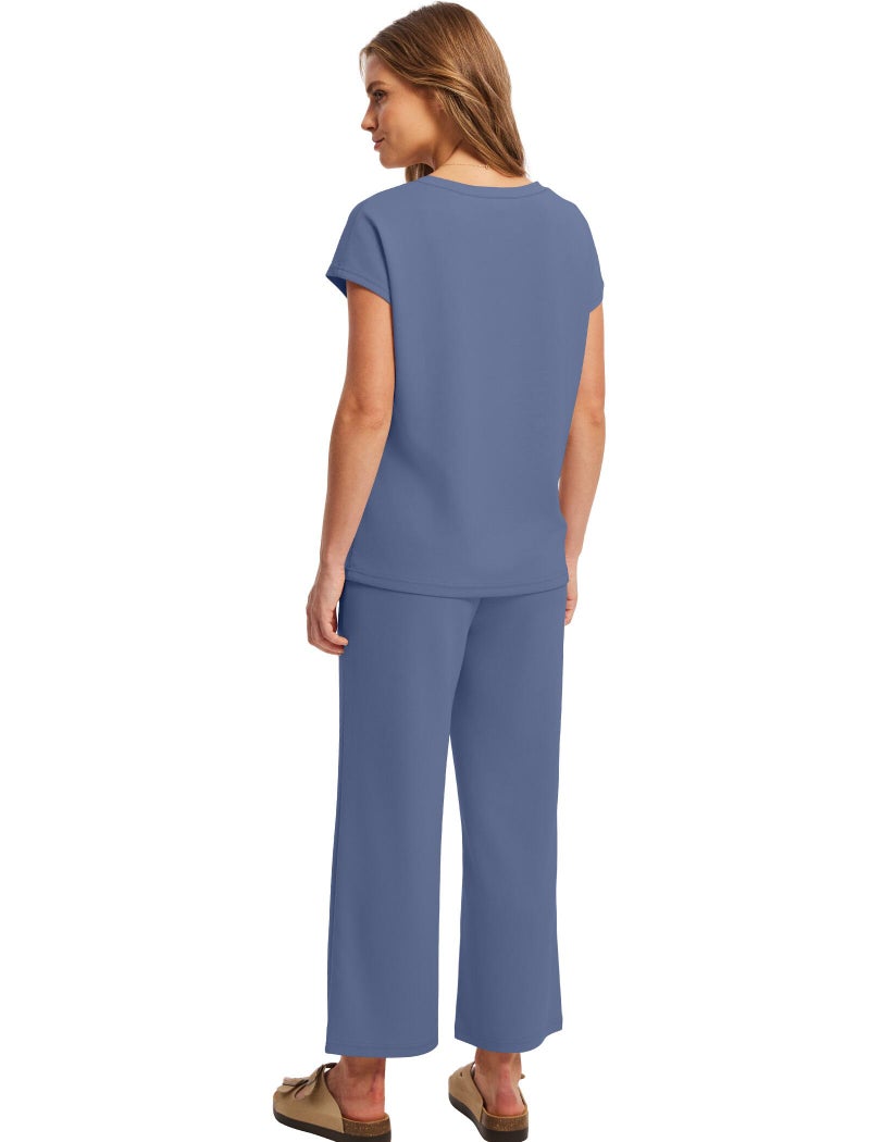 Saloogoe Women's 2 Piece Set Casual Summer V Neck T Shirts Wide Leg Pants Sets Matching Sets Women Clothing Lounge Sweat Set Travel Airport Outfits Blue L - Image 5
