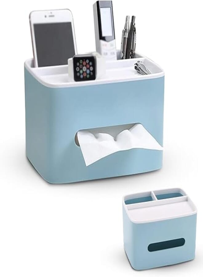 AMERTEER Multifunctional Tissue Box Organizer | Tissue Cover with Storage | Multi Function Tissue Holder | Bedside Desktop Plastic Decorative Drawer, Desk Container for Home Kitchen Office (Blue)
