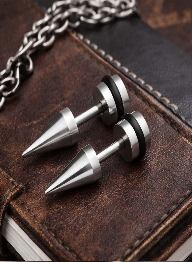 Pundriksh (1 Pair) Unisex Fancy & Stylish Stainless Steel Silver Plated Glossy Finish Elegant Black Round Cone Shape Cubic Zirconia Screw Bali Stud Hoops Ear Piercing Earrings for Men & Women - Image 4
