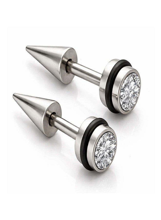 Pundriksh (1 Pair) Unisex Fancy & Stylish Stainless Steel Silver Plated Glossy Finish Elegant Black Round Cone Shape Cubic Zirconia Screw Bali Stud Hoops Ear Piercing Earrings for Men & Women - Image 1