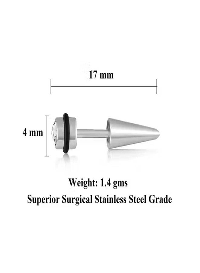 Pundriksh (1 Pair) Unisex Fancy & Stylish Stainless Steel Silver Plated Glossy Finish Elegant Black Round Cone Shape Cubic Zirconia Screw Bali Stud Hoops Ear Piercing Earrings for Men & Women - Image 5