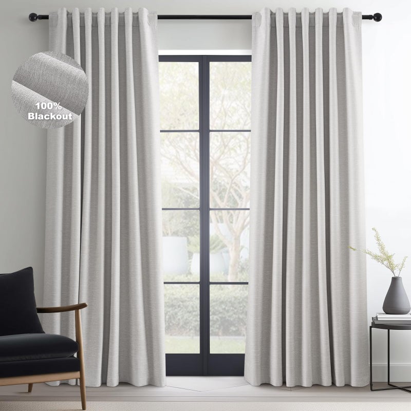 Topfinel Linen Gray Blackout Curtains 96 Inch Long  Boho Beige Gothic Viral Drapes Pinch Pleated Curtains with Hooks for Living Room  Neutral 8FT Back Tab Bedroom Curtains 52"" X 96"" 8 FT 2 Panels - Image 1