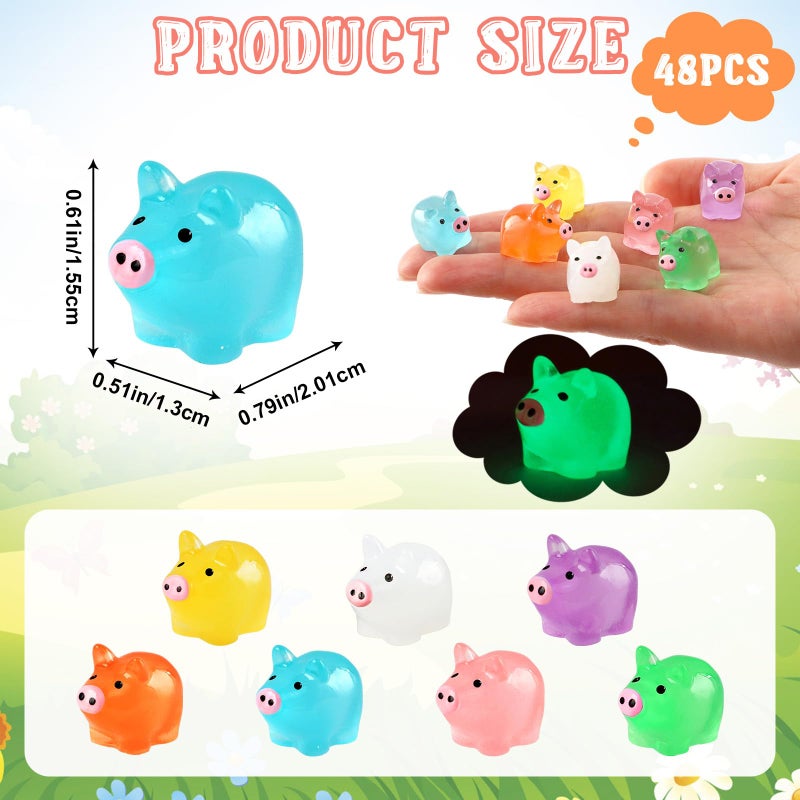 VICROIC 48 PCS Luminous Mini Resin Pigs, Miniature Piggy Figurines, Tiny Pigs Glow in The Dark for Dollhouse, Aquarium, Cake Decorations, Fairy Garden Landscape, Birthday Party Decor (7 Colors) - Image 2
