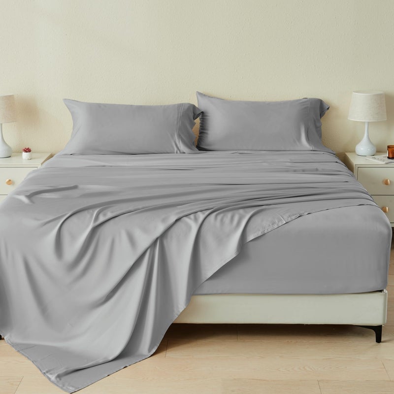 GOKOTTA 4Pcs King Size Sheets Set 100 Rayon Derived from Bamboo 16 Inch Deep Pocket King Sheets with Elastic Corner Straps Cooling Sheets for Hot Sleepers  Silky Soft  Breathable  Grey