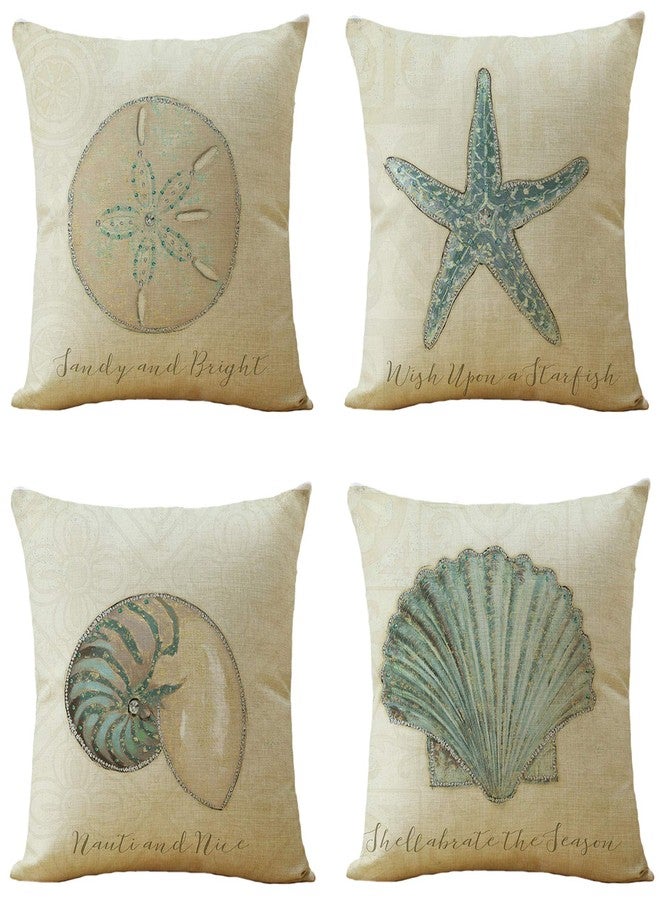 WOMHOPE Set of 4 Throw Pillow Covers Vintage Coastal Nautical Beach Shell Pillow Cases Square Cushion Cases Burlap Toss 18 x 18 Inch for Living Room,Couch and Bed (Blue Starfish) - Image 1