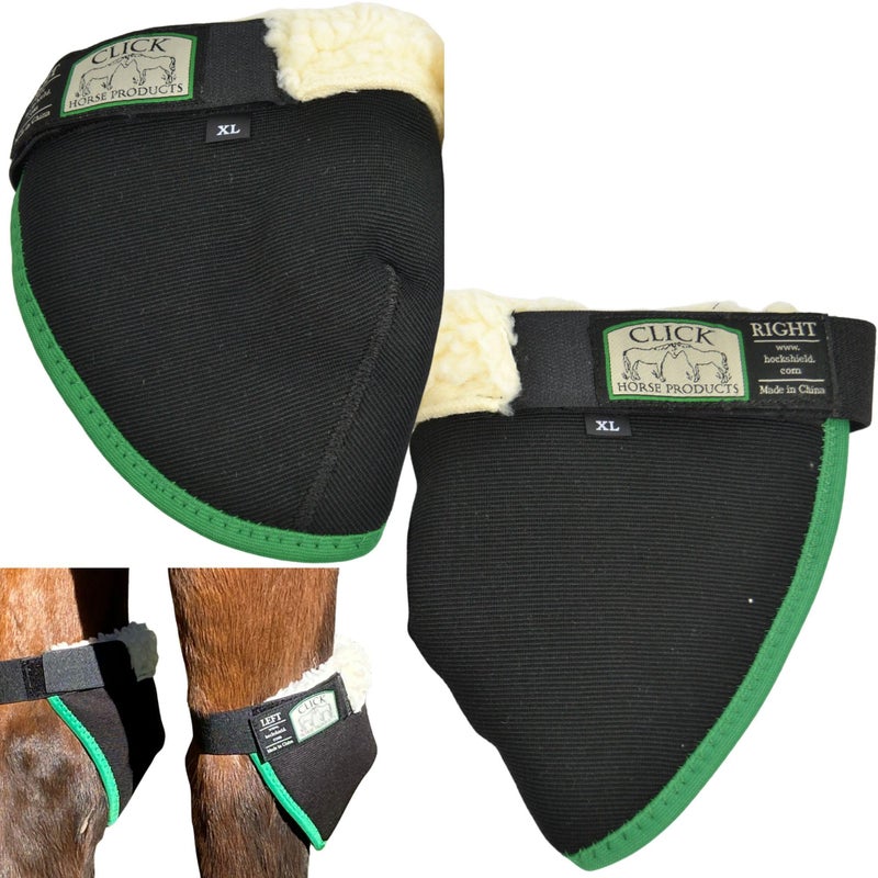 Click Horse Hock Shield, Hock Shield for Horses w/Fleece Lining, Prevents Hock Sores & Bed Sores, Tear Resistant Protectors, Black w/Green Trim Horse Size 13"-15.9"