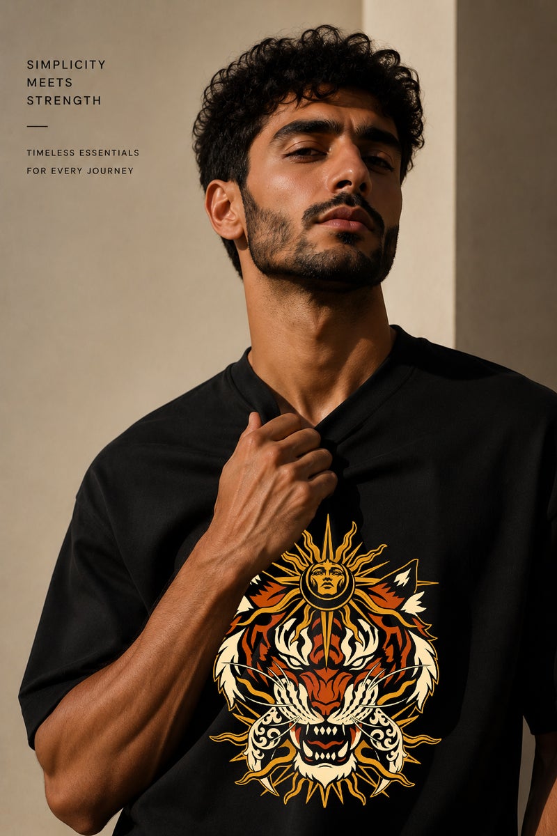 Men's Black Tiger Sun Graphic T-Shirt Oversized Casual Short Sleeve Crew Neck Streetwear Tee - Image 5