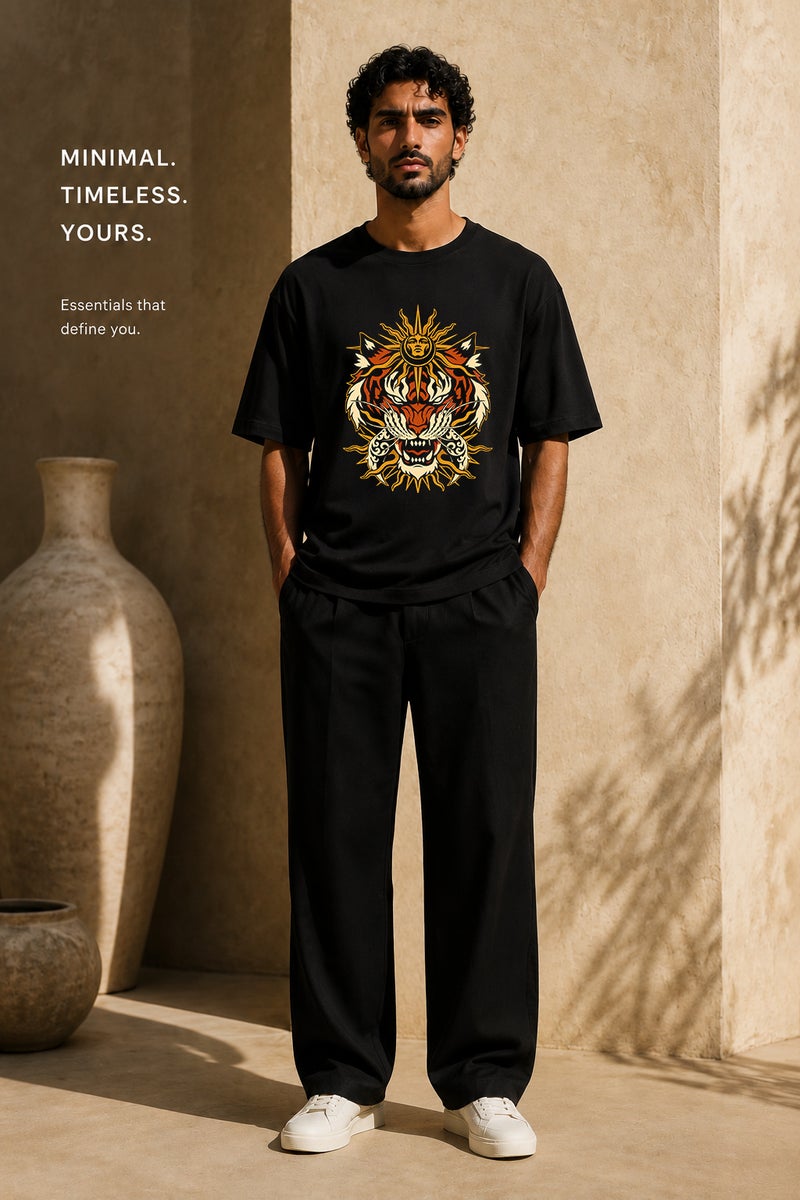 Men's Black Tiger Sun Graphic T-Shirt Oversized Casual Short Sleeve Crew Neck Streetwear Tee - Image 2