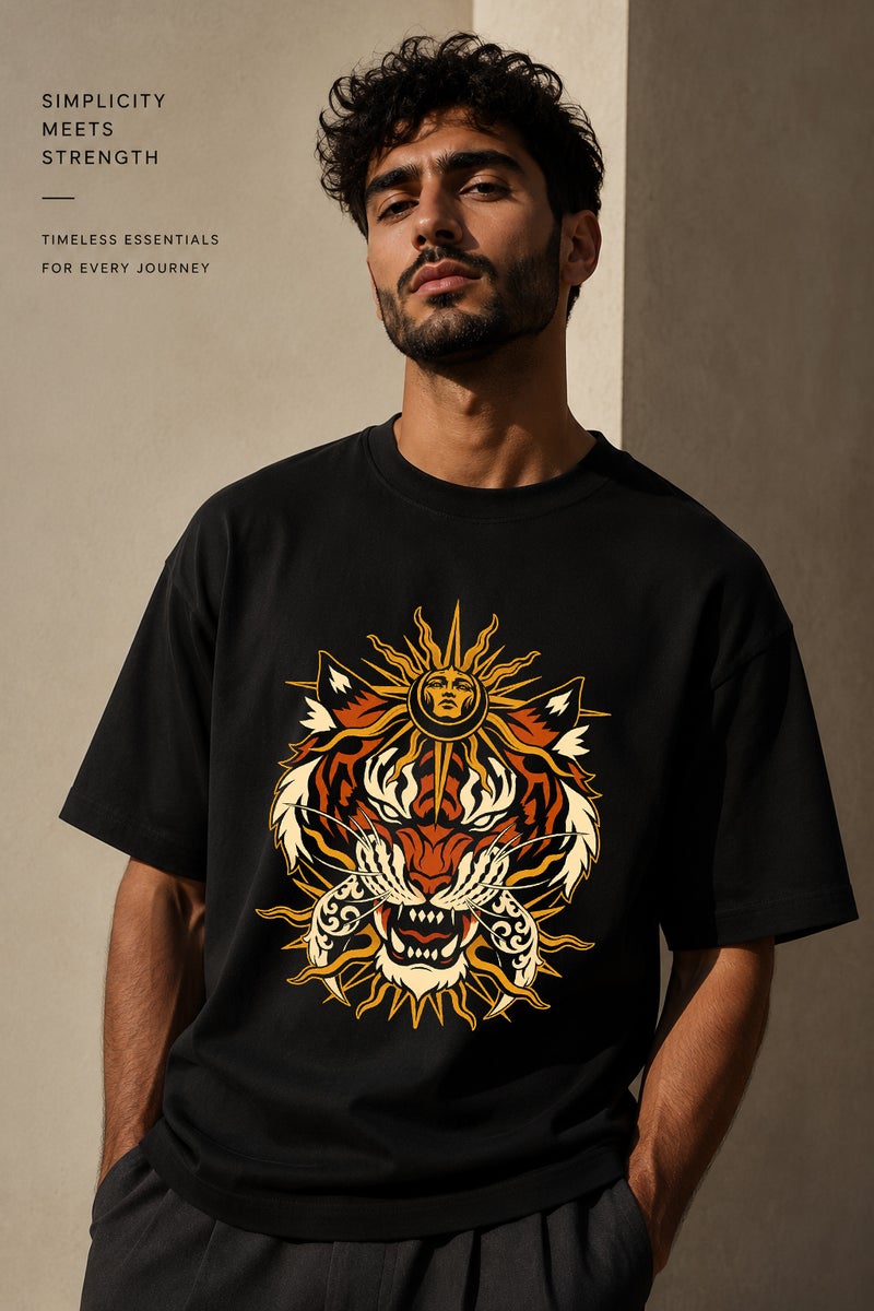 Men's Black Tiger Sun Graphic T-Shirt Oversized Casual Short Sleeve Crew Neck Streetwear Tee - Image 1