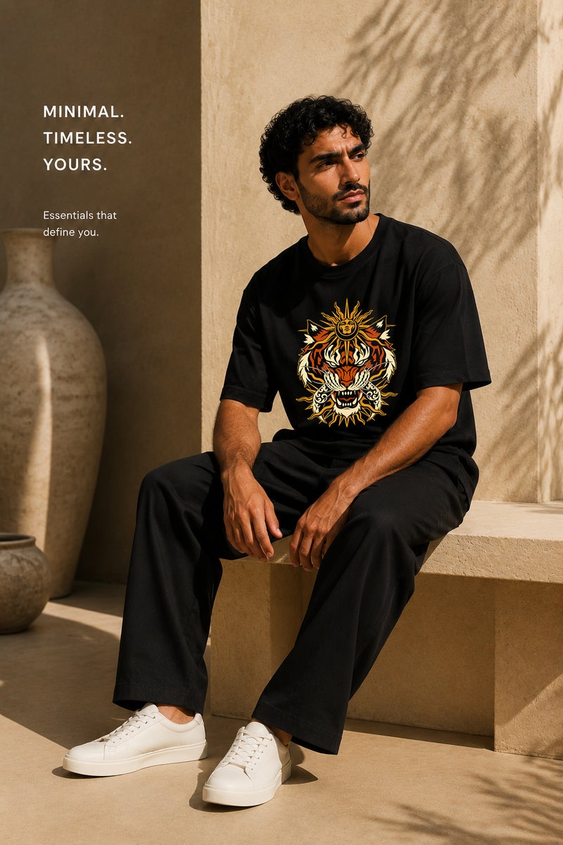 Men's Black Tiger Sun Graphic T-Shirt Oversized Casual Short Sleeve Crew Neck Streetwear Tee - Image 4