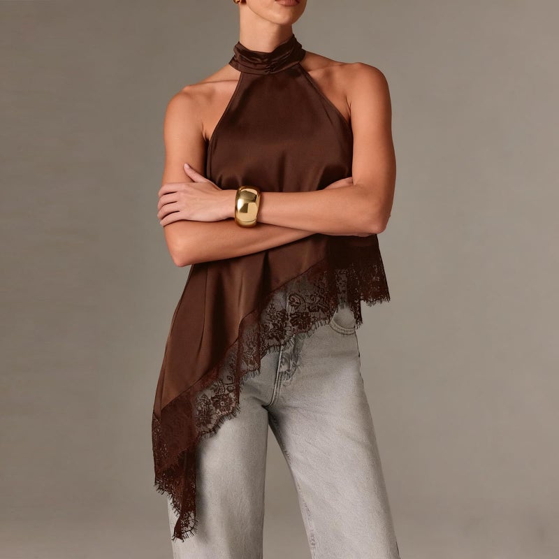 KMBANGI Women Satin Halter Top Y2K Mock Neck Lace Trim Asymmetrical Hem Tank Top Sleeveless Going Out Crop Tops A Brown - Image 2