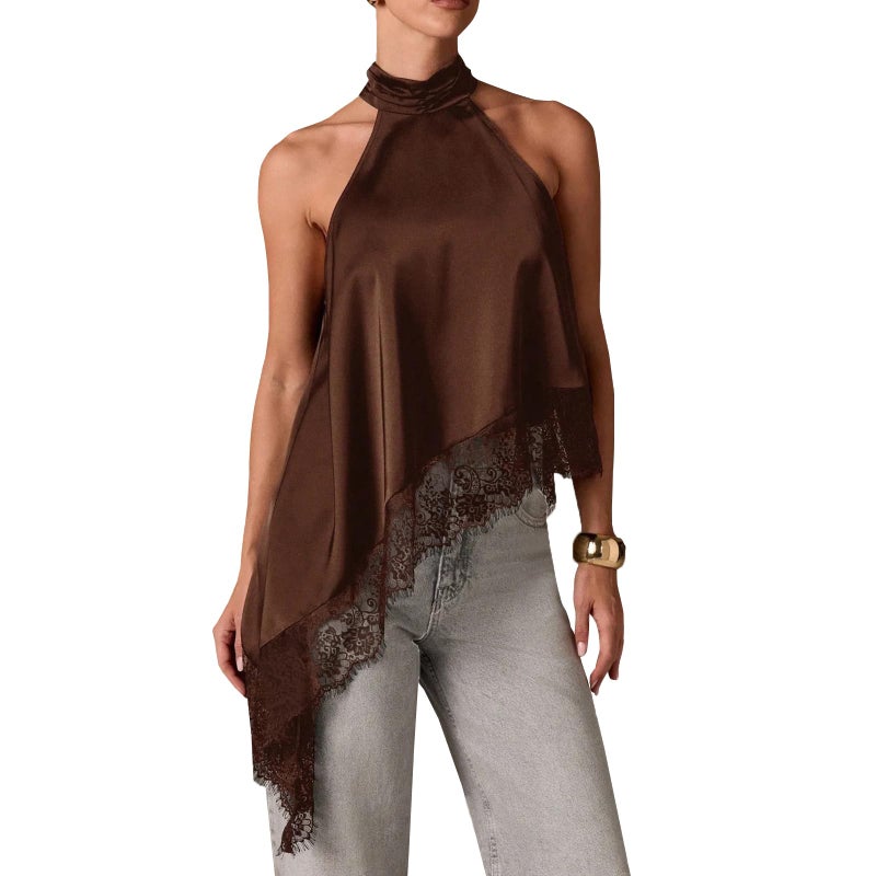 KMBANGI Women Satin Halter Top Y2K Mock Neck Lace Trim Asymmetrical Hem Tank Top Sleeveless Going Out Crop Tops A Brown - Image 1