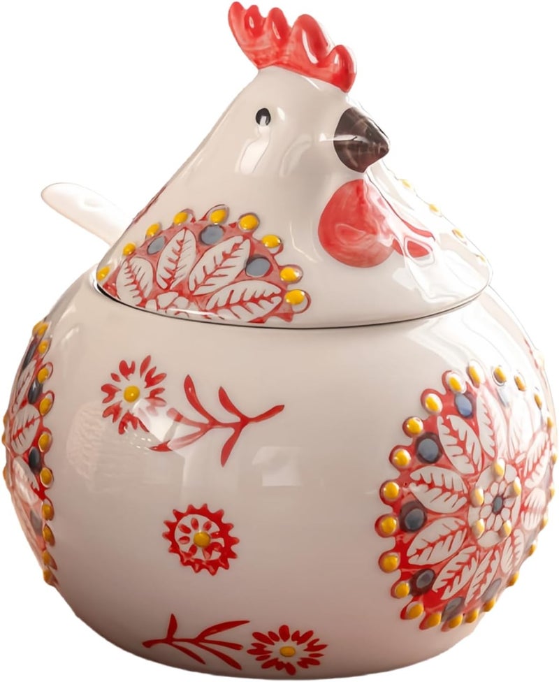 Frezonika Ceramic Salt Cellar with Lid and Spoon, 13 OZ Large Chicken Salt Jar, Salt Holder for Counter, Coffee, Sugar, Spices and Candies, Salt Containers for Countertop (Red) - Image 1